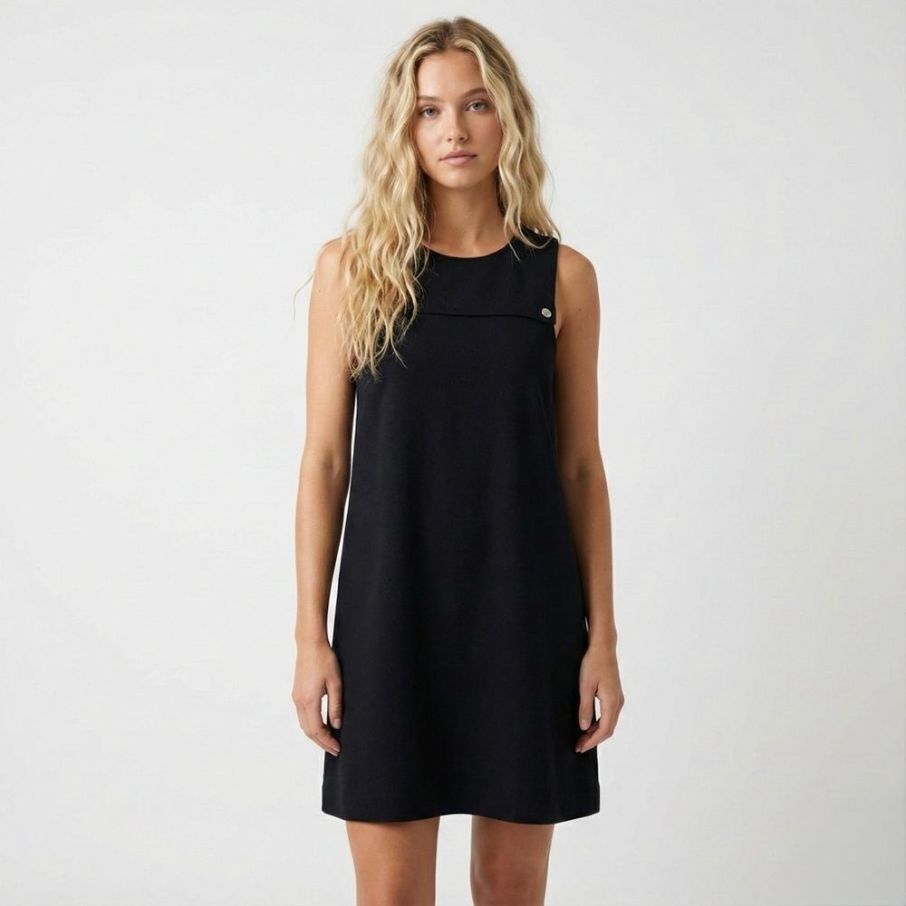 Lisa Perry Black Wool Shift Silk Lined Dress 2 Sleeveless Mod Career Pocket